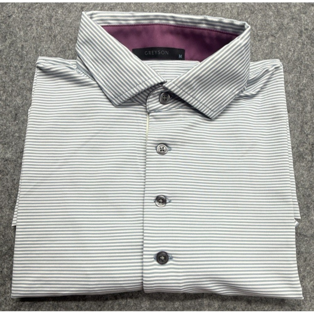 Greyson Performance Polo Mens M Blue White Striped Short Sleeve Button Logo